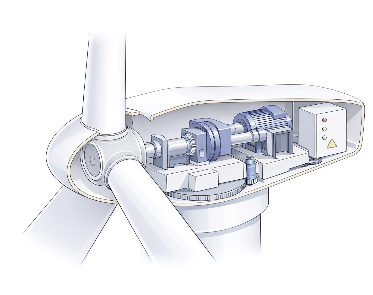 Wind turbine nacelle cutaway showing the rotor, main bearing, coupling, generator and a blade