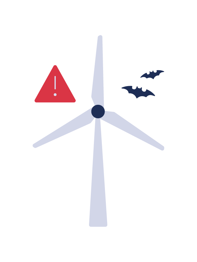 wind turbine with a bat an a caution sign
